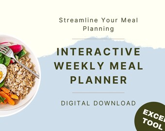 Può includere: Un download digitale per un pianificatore di pasti settimanale interattivo. L'immagine mostra due ciotole di cibo, una con salmone e verdure, e l'altra con farina d'avena, uova e verdure. Il testo "Streamline Your Meal Planning" e "Interactive Weekly Meal Planner" è visualizzato in testo verde su uno sfondo bianco. Il testo "Digital Download" è visualizzato in testo nero su uno sfondo blu chiaro. Il testo "Excel Tool" è visualizzato in testo bianco su un cerchio verde.