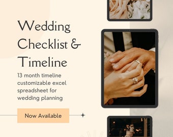 May include: A digital tablet displaying a wedding checklist and timeline with the text "Wedding Checklist & Timeline" and "13 month timeline customizable excel spreadsheet for wedding planning". The tablet is on a light peach background with a white button that says "Now Available".