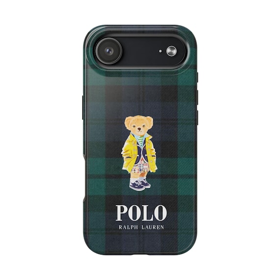 ラルフローレン ポロベア風の携帯ケース、グリーンのチェック柄レイン