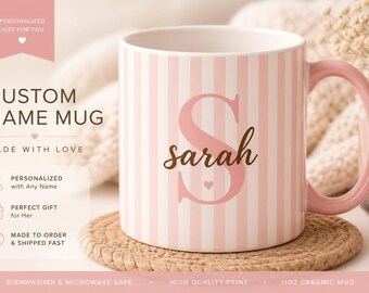 Custom Name Mug Personalized, Coffee Mug for Her, Pink Stripe Initial Mug, Gift for Women, Bridesmaid Gift, Cute Aesthetic Monogram Mug