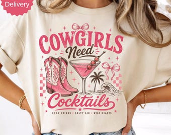 Cowgirls Need Cocktails Shirt, Good Drinks Salty Air Wild Hearts Tee, Bachelorette Party Shirt, Girls Trip Tee, Coastal Cowgirl Gift