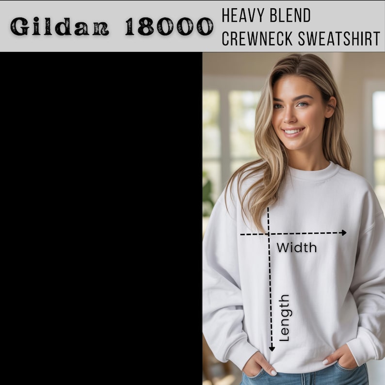 K&ouml;nnte beinhalten: Ein wei&szlig;es Gildan 18000 Heavy Blend Crewneck Sweatshirt. Das Bild zeigt eine Person, die das Sweatshirt tr&auml;gt, mit gestrichelten Linien, die Breiten- und L&auml;ngenma&szlig;e angeben. Das Sweatshirt ist einfarbig.