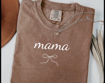 Comfort Colors Mama Shirt, Personalized Minimalist Bow Tee, Motherhood Pregnancy Gift
