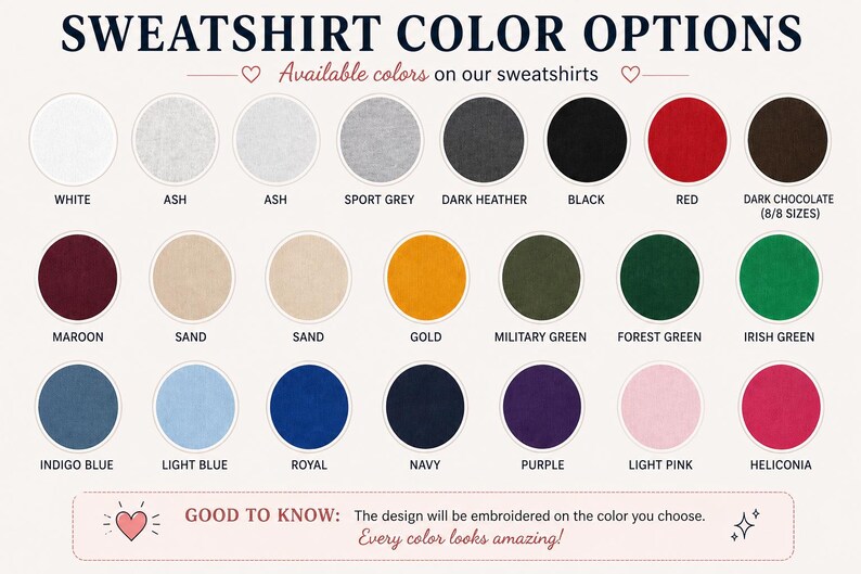 K&ouml;nnte beinhalten: Farbtabelle f&uuml;r Sweatshirts mit einer Vielzahl von Farbt&ouml;nen. Farben sind Wei&szlig;, Aschgrau, Sportgrau, Dunkelgrau, Schwarz, Rot, Dunkelbraun, Bordeaux, Sand, Gold, Milit&auml;rgr&uuml;n, Waldgr&uuml;n, Irischgr&uuml;n, Indigoblau, Hellblau, Royalblau, Marineblau, Lila, Hellrosa und Heliconia.