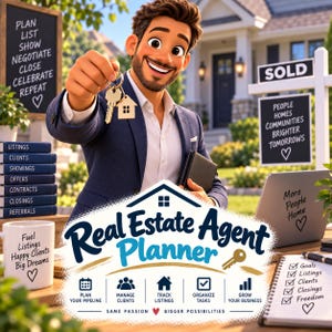 May include: A Real Estate Agent Planner with a cover featuring the text Real Estate Agent Planner, icons for pipeline, clients, listings, tasks, and business growth, plus a checklist. The scene includes a smiling person holding house keys.