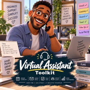 May include: A digital illustration of a person with glasses and a beard talking on a phone at a desk. The scene includes a notepad with a to-do list, a laptop, a mug with text, and a graphic overlay reading Virtual Assistant Toolkit with icons.