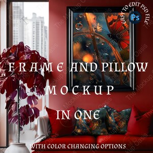 Frame And Pillow Mockup, Stylish Mockup, Easy drag and Drop, Wall art mockup, Poster mockup, Digital Frame mockup, black frame mockup