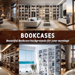 Pode incluir: Cinco imagens diferentes de quartos com estantes. As estantes estão cheias de livros e são de vários estilos. Os quartos são decorados em estilo moderno com janelas grandes e móveis confortáveis. O texto "BOOKCASES" é exibido no centro da imagem, com o texto "Beautiful Bookcase backgrounds for your meetings" abaixo.