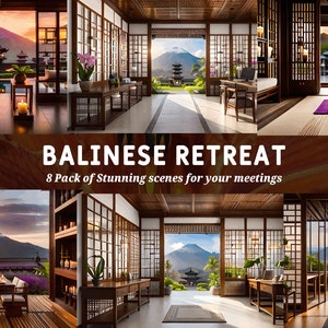 May include: A collage of eight images showcasing a Balinese retreat setting. The images feature a traditional Balinese house with wooden floors, large windows, and views of a lush tropical landscape. The house is decorated with traditional Balinese furniture and decor, including a wooden table and chairs, a sofa, and a coffee table. The images also feature a swimming pool, a garden, and a mountain range in the background. The text "BALINESE RETREAT" and "8 Pack of Stunning scenes for your meetings" is displayed in the centre of the collage.