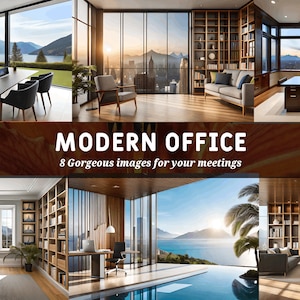 May include: Eight images showcasing modern office spaces with large windows, wooden furniture, and views of cityscapes and water. The text "MODERN OFFICE" and "8 Gorgeous images for your meetings" is displayed on a brown background.