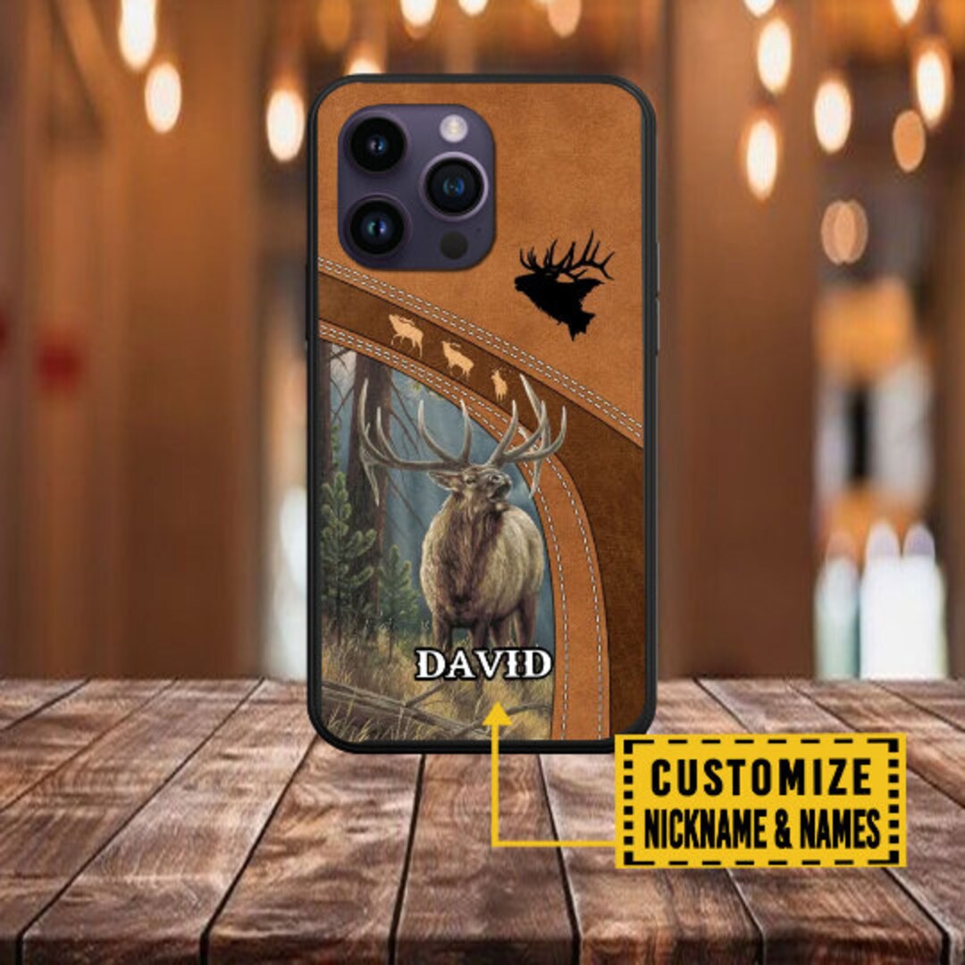 Hunting Phone Case, Bull ELK Hunting Leather Parttern Personalized