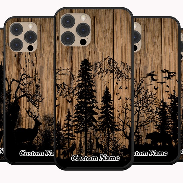 ELK Phone Case,Deer Elk Bear Hunting Wolves Lover with Nature Jungle Trees Wild Shadows Wood Pattern,Custom Name For Iphone,Samsung