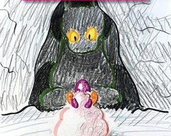 Puede incluir: Una criatura negra y verde con ojos amarillos se sienta en una cueva sosteniendo una oveja rosa con orejas y patas moradas. El texto sobre la criatura dice "The Story of Ernest and Belle. Words and Illustrations by Jack."