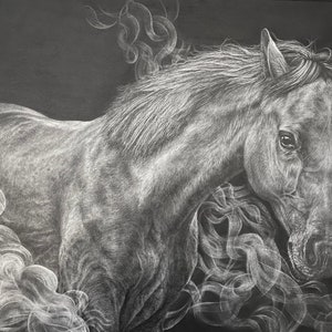 Horse drawing, horse and smoke graphite drawing, 18in x24in