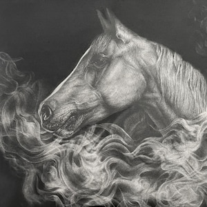 Horse drawing, horse and smoke graphite drawing, 18in x24in