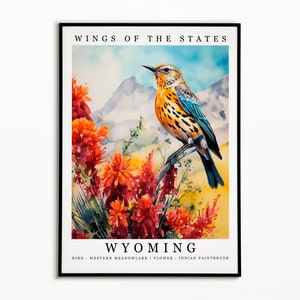 Wyoming State Bird - Western Meadowlark and State Flower - Indian Paintbrush Watercolor Art, State Bird Poster, Wall Art Print, Home Decor