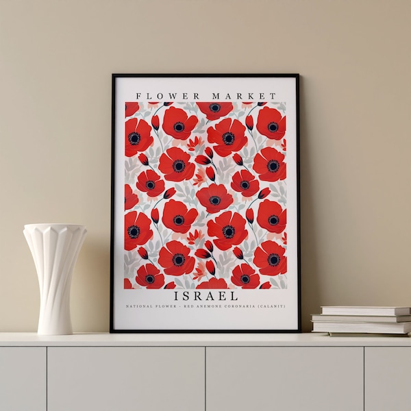 Israel National Flower - Red Anemone Coronaria Wall Art Print Flower Market Poster Printable Digital Pastel Art Floral Decor Botanical Art