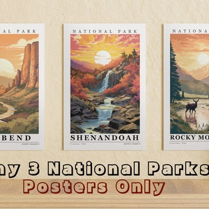 Cartoon Style National Parks Bundle : Set of 3 Prints - Classic Matte Paper Poster 170gsm, wall decor, National Park Souvenirs