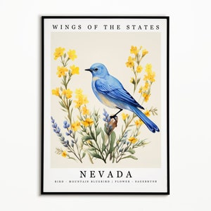 Nevada State Bird - Mountain Bluebird und State Flower - Beifuß Aquarell Kunst, State Bird Poster, Nevada Wand Kunst, Wohndekor