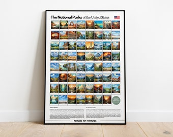 Nationale parken van de VS - Ultieme checklist/bucketlist - Alle 63 nationale parken muurkunst - Posters/lijsten, reiscadeau, reis en avontuur