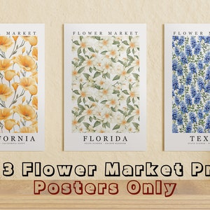 Paquete de pósteres de arte de pared de flores nacionales/estatales: juego de 3 impresiones, mate/brillante, 170-250 g/m², Póster del mercado de flores, Decoración floral, Arte botánico