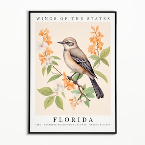 Pájaro del estado de Florida - Ruiseñor del norte y flor del estado - Arte de la acuarela de azahar, cartel del pájaro del estado, impresión de arte de la pared, decoración del hogar
