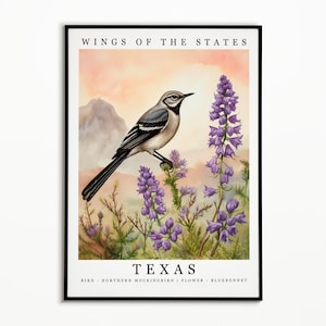 Pájaro del estado de Texas - Ruiseñor del norte y flor del estado - Arte de la acuarela Bluebonnet, cartel del pájaro del estado, impresión del arte de la pared de Texas, decoración del hogar