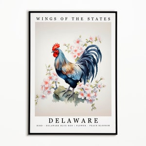 Delaware State Bird - Delaware Blue Hen et State Flower - Peach Blossom Aquarelle Art, State Bird Poster, Delaware Wall Art Print, Home Decor