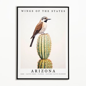 Pájaro del estado de Arizona - Reyezuelo de cactus y flor del estado - Arte de la acuarela de la flor del cactus saguaro, cartel del pájaro del estado, impresión del arte de la pared, decoración del hogar