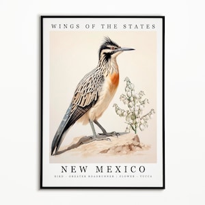 Pájaro estatal de Nuevo México - Correcaminos mayor y flor estatal - Arte de acuarela de yuca, cartel de aves estatales, impresión de arte de pared de Nuevo México, decoración del hogar