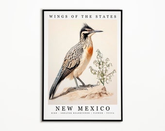 Pájaro estatal de Nuevo México - Correcaminos mayor y flor estatal - Arte de acuarela de yuca, cartel de aves estatales, impresión de arte de pared de Nuevo México, decoración del hogar
