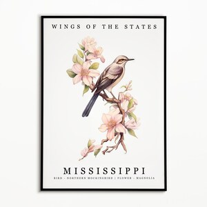 Mississippi State Bird - Northern Mockingbird and State Flower - Magnolia Watercolor Art, State Bird Poster, Wall Art Print, Home Decor