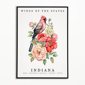 Pájaro del estado de Indiana - Cardenal del norte y flor del estado - Arte de la acuarela de peonía, cartel del pájaro del estado, impresión del arte de la pared de Indiana, decoración del hogar, pajarito