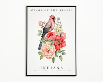 Indiana State Bird - Northern Cardinal and State Flower - Peony Watercolor Art, State Bird Poster, Indiana Wall Art Print, Home Decor,Birdie
