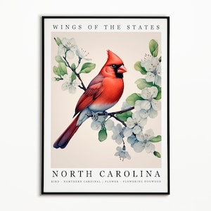 Pájaro del estado de Carolina del Norte, Cardenal del norte y Flor del estado, Impresión de arte de pared de acuarela de Dogwood floreciente, Póster de pájaro del estado, Decoración del hogar