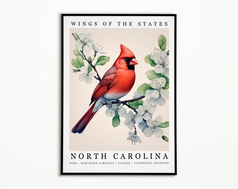 North Carolina State Bird - Northern Cardinal and State Flower - Flowering Dogwood Watercolor Wall Art Print, State Bird Poster, Home Decor