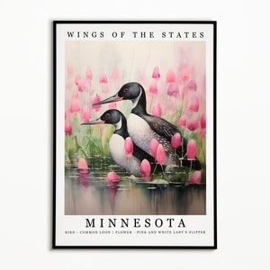 Pájaro del estado de Minnesota - colimbo común y flor del estado - zapatilla de dama rosa y blanca acuarela pared arte impresión, cartel de pájaro del estado, decoración del hogar