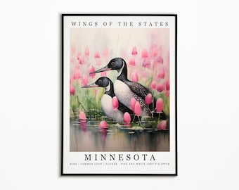 Minnesota State Bird - Common Loon and State Flower - Pink And White Lady's Slipper Watercolor Wall Art Print, State Bird Poster, Home Decor