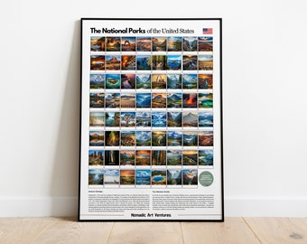 US National Parks Checklist/Bucketlist - All 63 National Parks Wall Art - Posters/Frames, Travel Poster,Yosemite Yellowstone Smoky Mountains