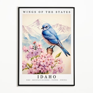 Idaho State Bird - Mountain Bluebird and State Flower - Syringa Watercolor Art, State Bird Poster, Idaho Wall Art Print, Home Decor,Bird Art