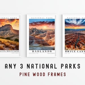 National Parks Bundle : Set of 3 Prints - Wooden Framed Poster with Classic Matte Paper 175gsm, wall decor, National Park Souvenirs, Gifts