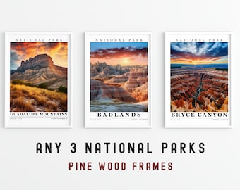 National Parks-bundel: set van 3 prints - houten ingelijste poster met klassiek mat papier 175 gsm, wanddecoratie, souvenirs nationaal park, cadeaus