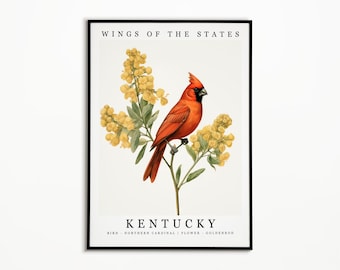 Kentucky State Bird - Northern Cardinal and State Flower - Goldenrod Watercolor Art, State Bird Poster, Kentucky Wall Art Print, Home Decor