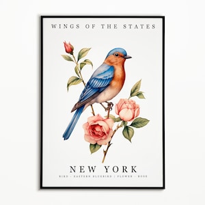 Pájaro del estado de Nueva York - Azulejo oriental y flor del estado - Arte de la acuarela rosa, cartel del pájaro del estado, impresión de arte de la pared de Nueva York, decoración del hogar, pajarito