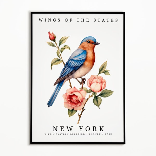New York State Bird - Eastern Bluebird and State Flower - Rose Watercolor Art, State Bird Poster, New York Wall Art Print, Home Decor,Birdie