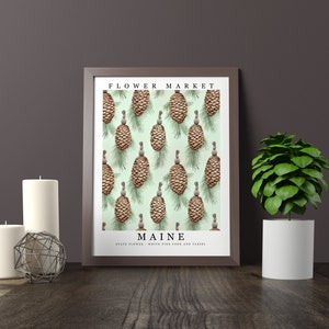 Maine State Flower - White Pine Cone And Tassel Wall Art Print Flower Market Poster Printable Digital Pastel Art Floral Decor Gifts