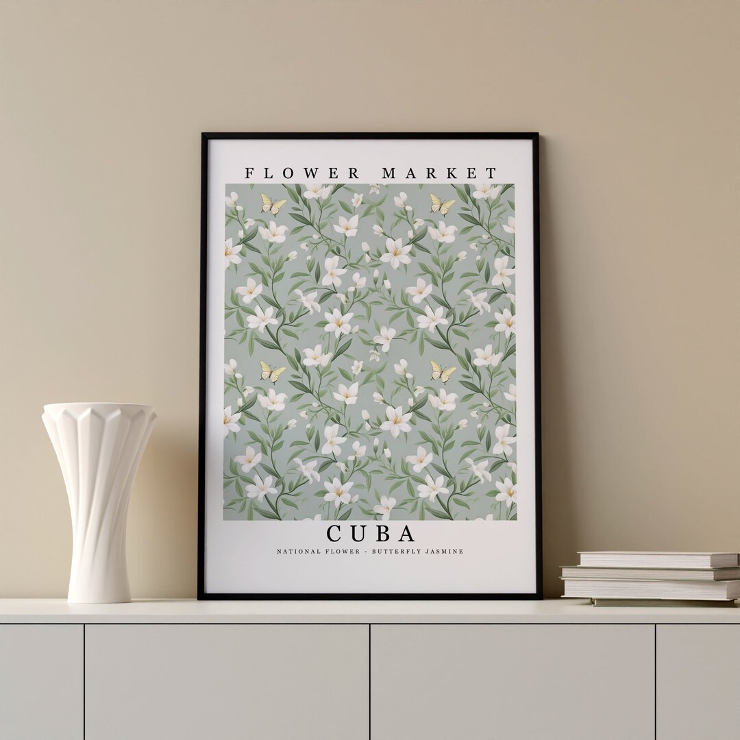 Cuba National Flower Butterfly Jasmine Wall Art Print Flower Market Poster Printable Digital ...