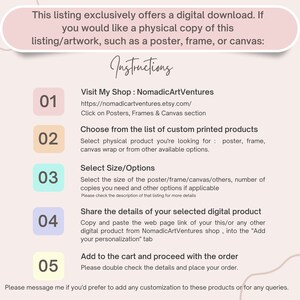 May include: A five-step guide for ordering custom printed products from NomadicArtVentures Etsy shop. The steps include visiting the shop, choosing a product, selecting size and options, sharing details of the selected digital product, and adding to the cart and proceeding with the order.