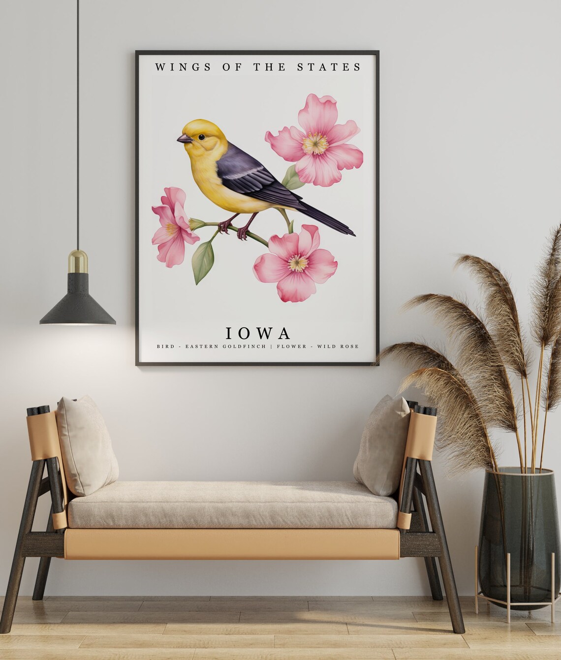 Iowa State Bird Eastern Goldfinch and State Flower Wild Rose
