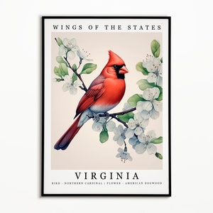 Pájaro del estado de Virginia - Cardenal del norte y flor del estado - Arte de la acuarela del cornejo americano, cartel del pájaro del estado, impresión del arte de la pared, decoración del hogar